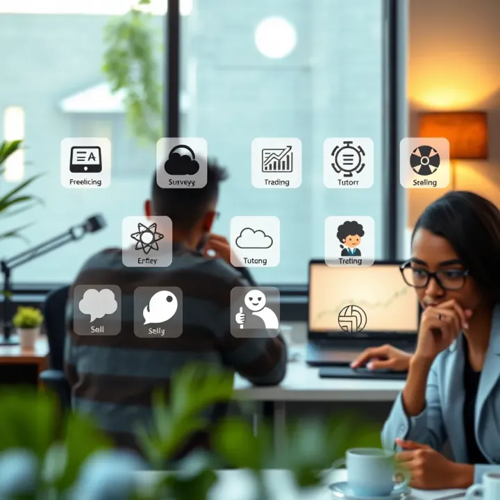Online Earning Opportunities for Nigerian Students Illustration showing diverse online earning options like freelancing, surveys, selling, and tutoring tailored for Nigerian students