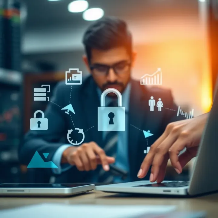 Conceptual graphic depicting secure financial transactions and regulatory compliance icons