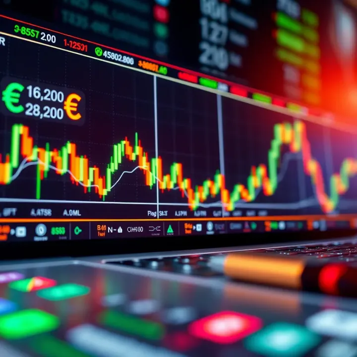 Illustration of digital financial concept with currency symbols and trading graphs