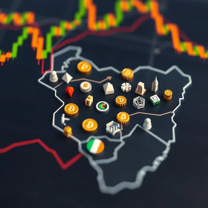 Cryptocurrency Trading and Economic Influences in Nigeria Map highlighting Nigeria with icons representing cryptocurrency exchange and economic factors