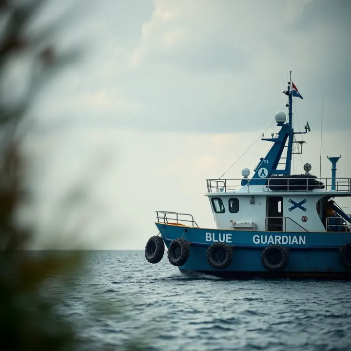 Coastal landscape with Blue Guardian patrol vessel ensuring marine security and environmental safety