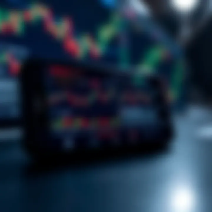 Mobile phone displaying forex trading charts with signal notifications