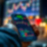 Smartphone displaying various graphs and stock market charts indicating trading activity