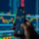 Mobile phone displaying forex trading app with currency charts and graphs
