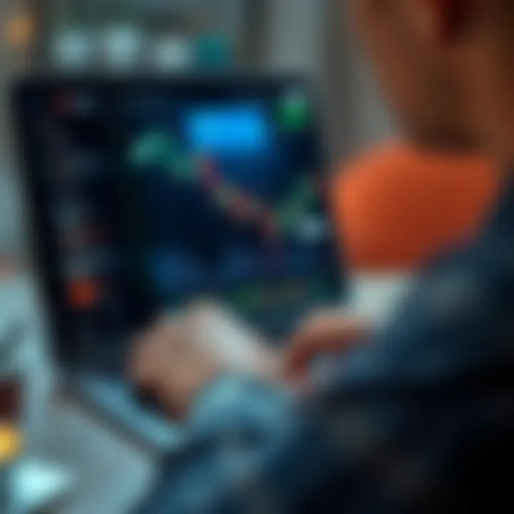 User browsing a secure online trading platform on a laptop with visible product listings and ratings