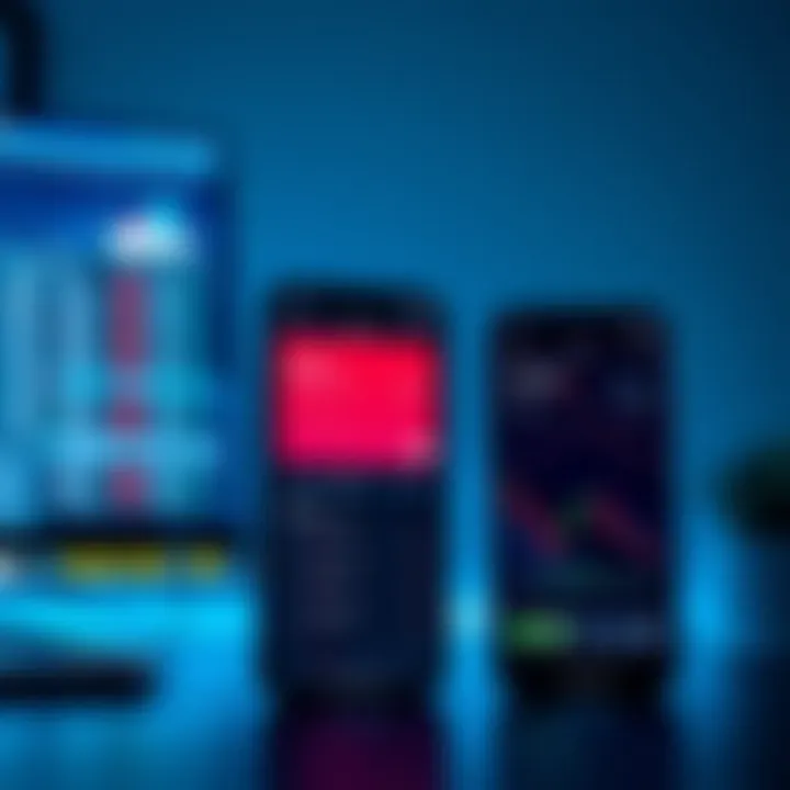 Comparison of Deriv app features displayed on a PC screen alongside a smartphone showing mobile app interface