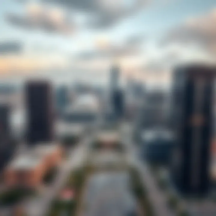 Panoramic view of modern urban skyline featuring high-rise commercial buildings symbolizing real estate development