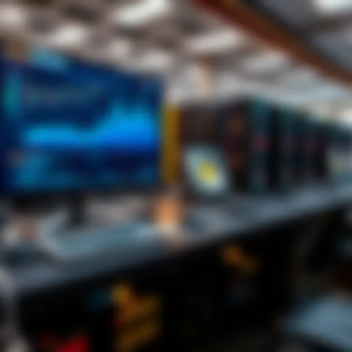 Cloud-based cryptocurrency mining setup with digital graphs and blockchain icons