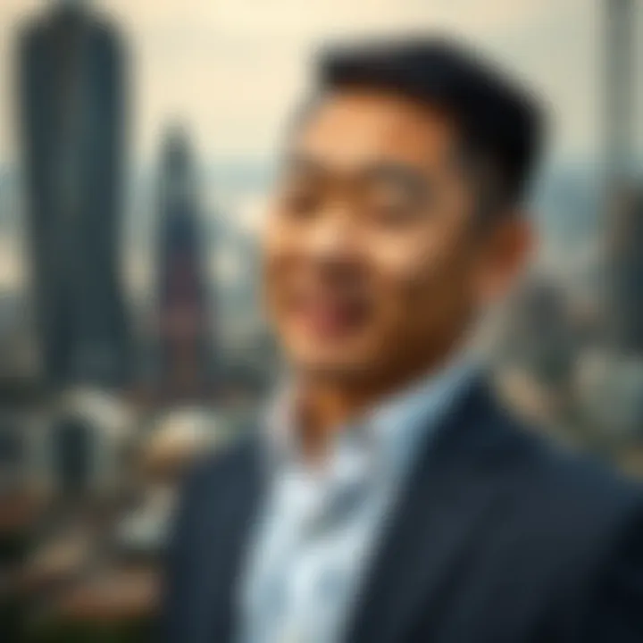 Portrait of Ben Zhou with a backdrop of Nigerian cityscape symbolizing his influence on the local economy