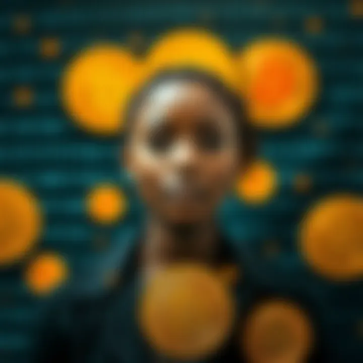 A digital art representation of a female crypto trader surrounded by binary code symbols and Bitcoin icons