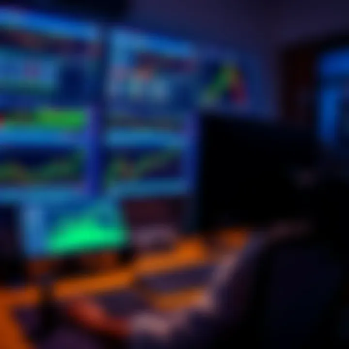 Modern office setup displaying multiple forex trading charts and data on computer screens