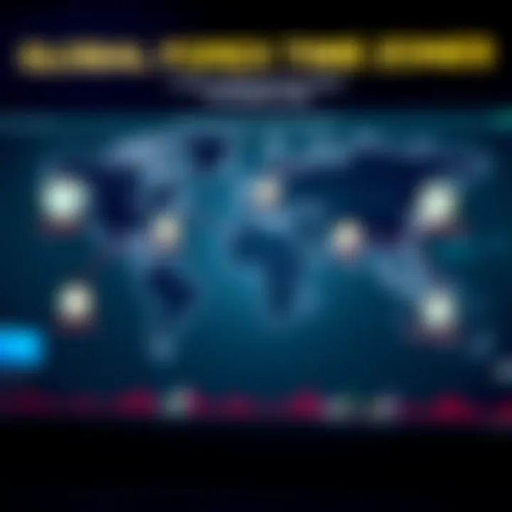 World map highlighting major forex market time zones with clock icons