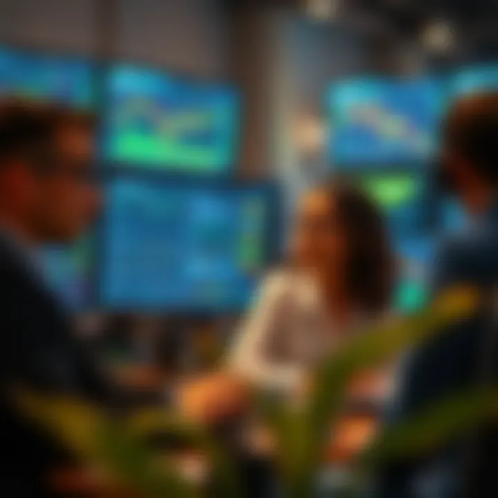 Diverse group of successful crypto traders analyzing digital currency market trends on multiple screens