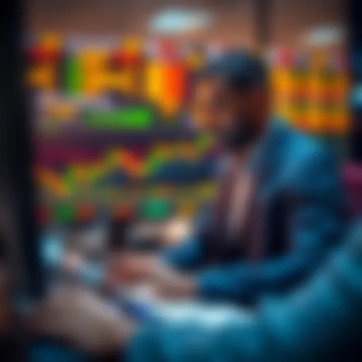 Illustration of a trader analyzing charts and strategies to succeed in the FTMO Challenge
