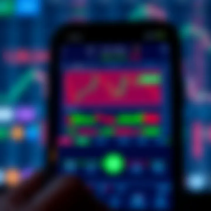 Mobile phone displaying a demo trading application with charts and financial data visible on screen