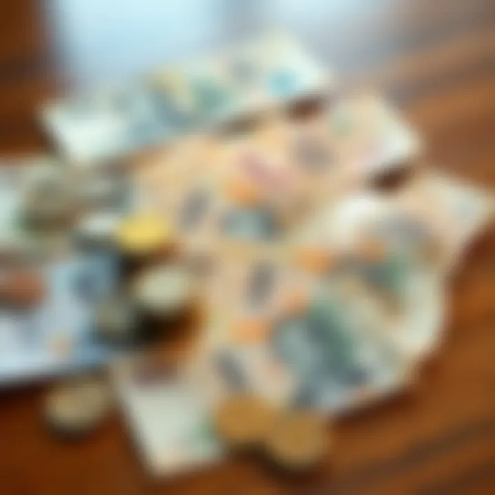 Various denominations of Japanese yen banknotes and coins displayed on a wooden surface