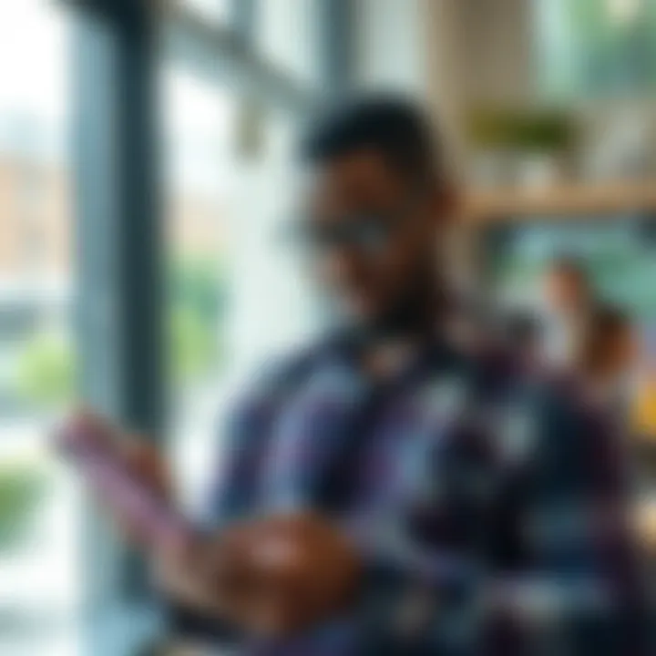 Modern Nigerian entrepreneur using fintech app on smartphone with small business products