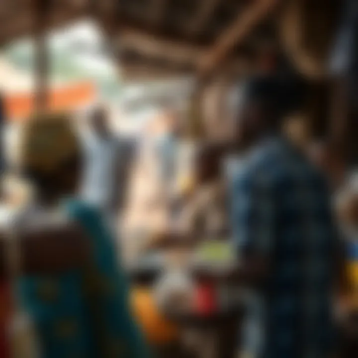 Traditional market scene showing exchange of goods in an open-air setting