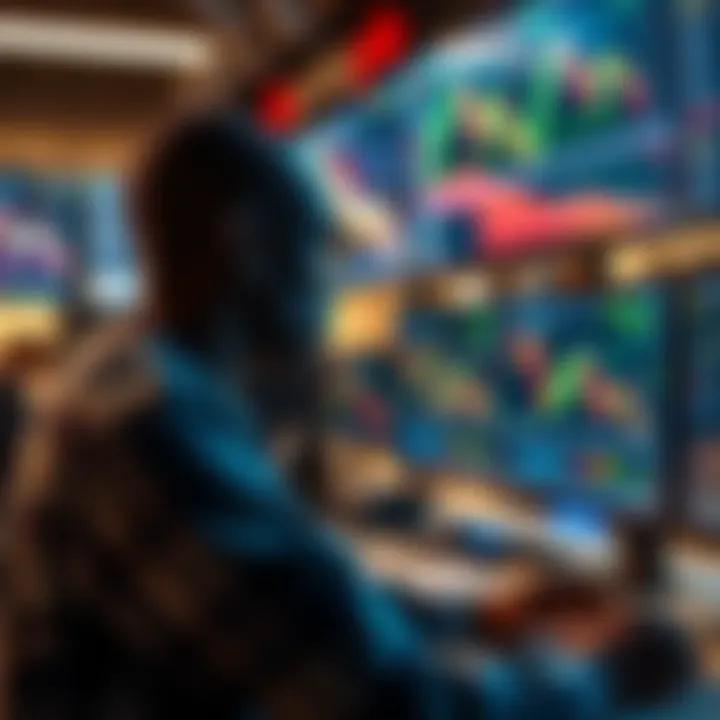 Trader Engaging in Market Analysis and Evaluation at TenTrade Illustration of a trader analyzing financial charts and data on multiple screens