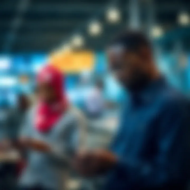 Graphic depicting Nigerian entrepreneurs engaging with global and local trade applications on mobile devices