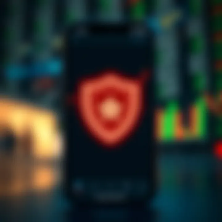 Illustration showing a secure mobile trading app with a shield symbol representing data protection