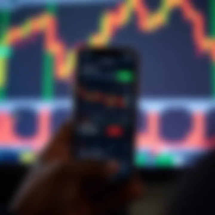 User Interface of a Stock Trading Application Mobile phone displaying a stock trading app interface with charts and market data