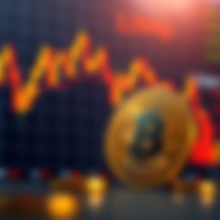 Digital representation of Shiba Inu coin against a background of fluctuating cryptocurrency market graphs