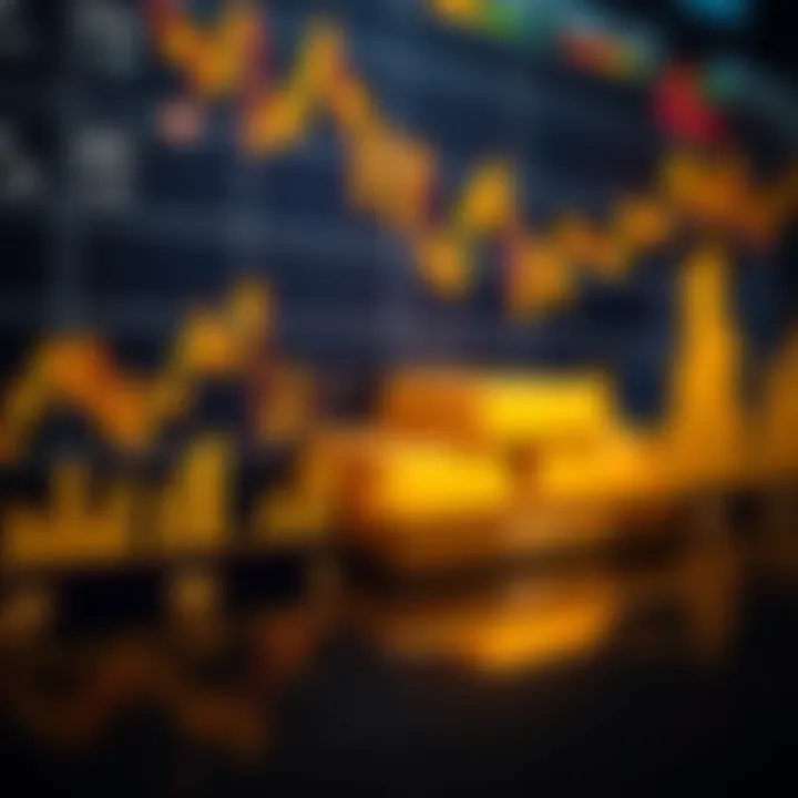 Graph showing gold price fluctuations against US dollar with economic indicators in background