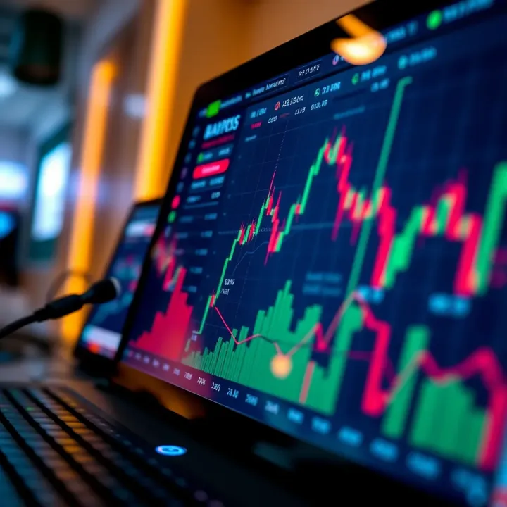 A secure financial transaction screen showing binary options trading platform interface with charts and analytics