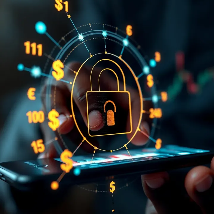 Ensuring Security and Safety While Using Trading Applications Secure online transaction concept with digital padlock and currency symbols overlaid on a mobile device
