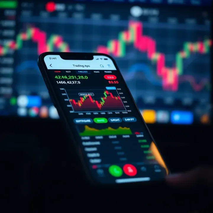 Mobile phone displaying trading app dashboard with stock charts and Nigerian market data