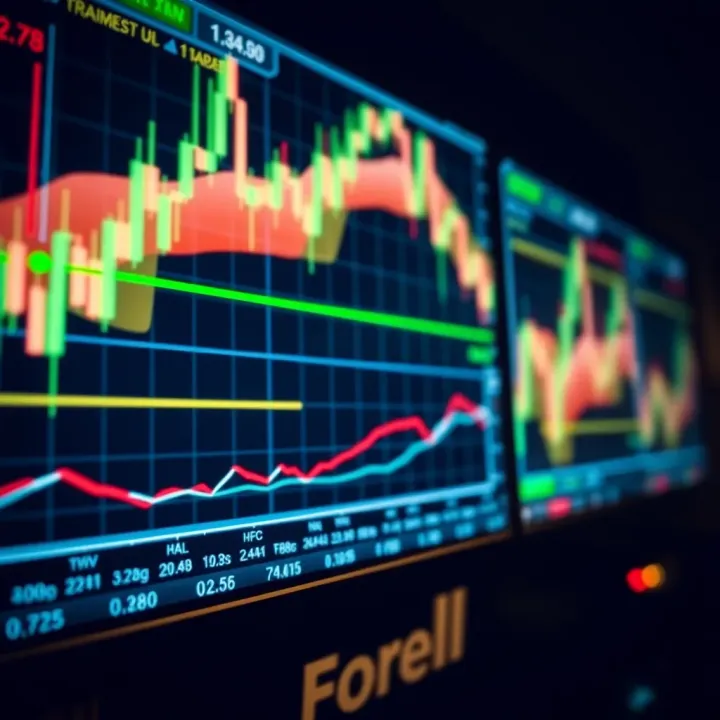 A digital interface showing a forex trading platform with currency charts and market data