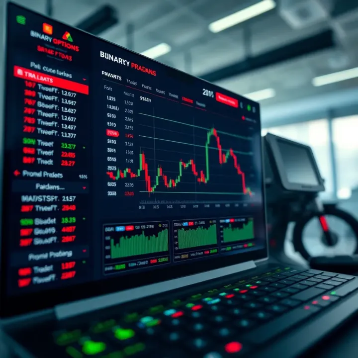 Dashboard interface of a binary options trading platform showing various financial assets and trading options