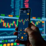 Mobile phone displaying forex trading app with currency charts and graphs