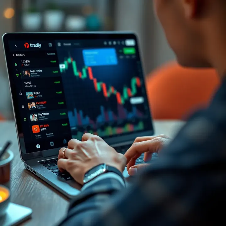 Navigating a Reliable Online Trading Platform Interface User browsing a secure online trading platform on a laptop with visible product listings and ratings