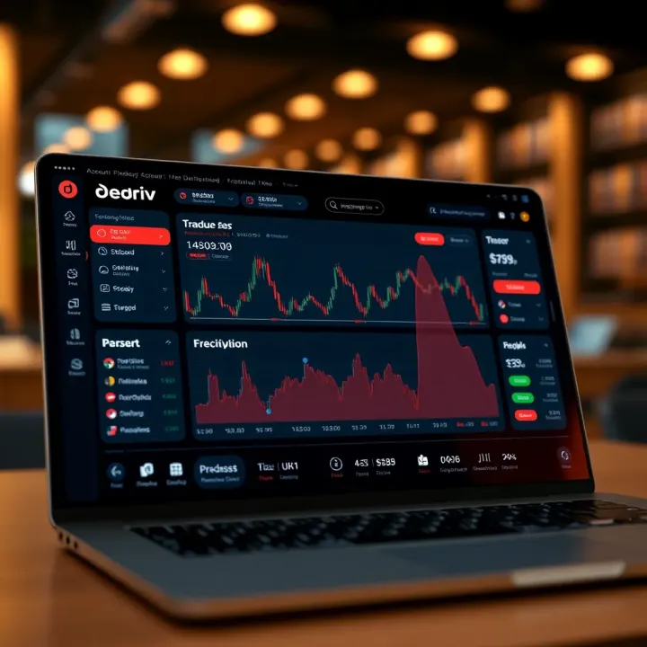 Dashboard view of the Deriv trading account highlighting navigation menus and trading features