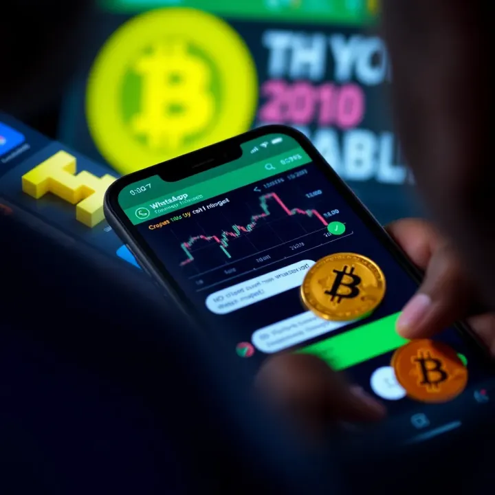 Group chat on smartphone screen showing cryptocurrency discussions and charts