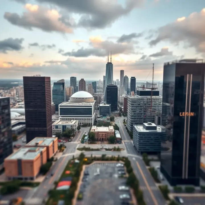 Panoramic view of modern urban skyline featuring high-rise commercial buildings symbolizing real estate development