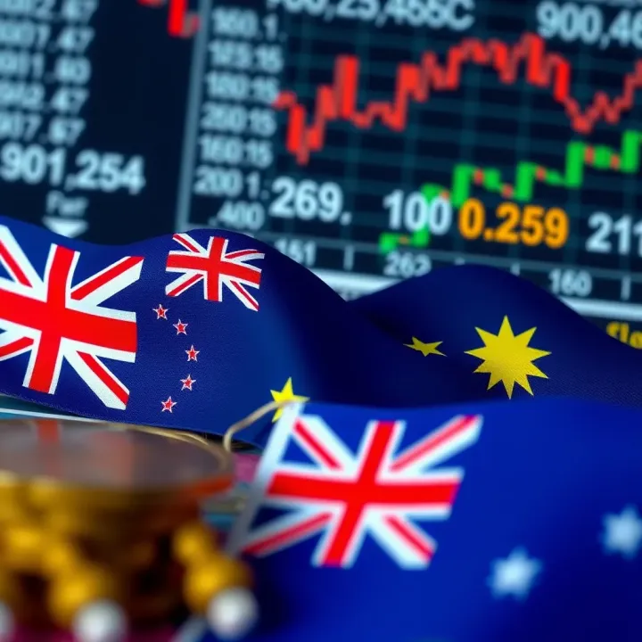 Illustration of economic indicators influencing AUD/USD exchange rate with Australian and US flags