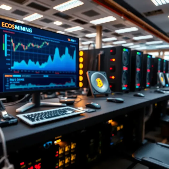 Cloud-based cryptocurrency mining setup with digital graphs and blockchain icons