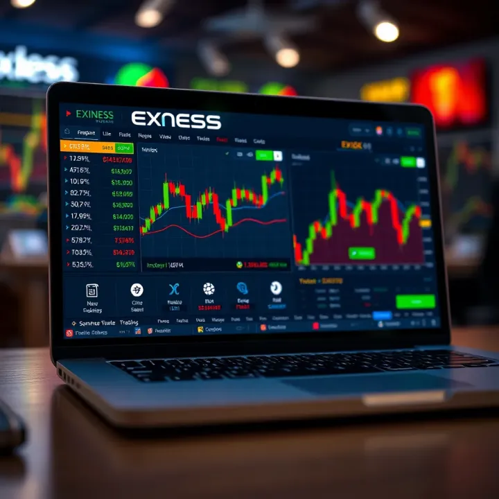 Exness Trading Platform Dashboard on Laptop Laptop showing Exness trading platform dashboard with market charts and trading options