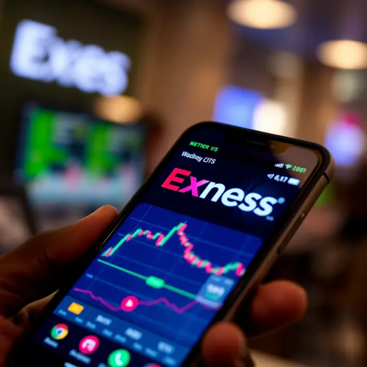 Mobile phone displaying the Exness trading platform interface on the screen