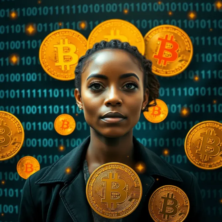 A digital art representation of a female crypto trader surrounded by binary code symbols and Bitcoin icons
