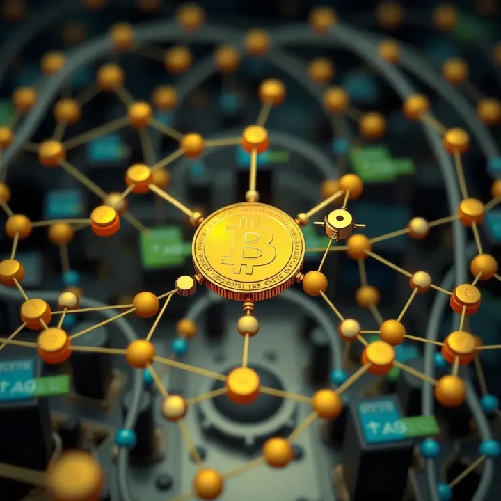 Diagram illustrating the concept of Dogecoin mining with digital coins and network nodes interconnected