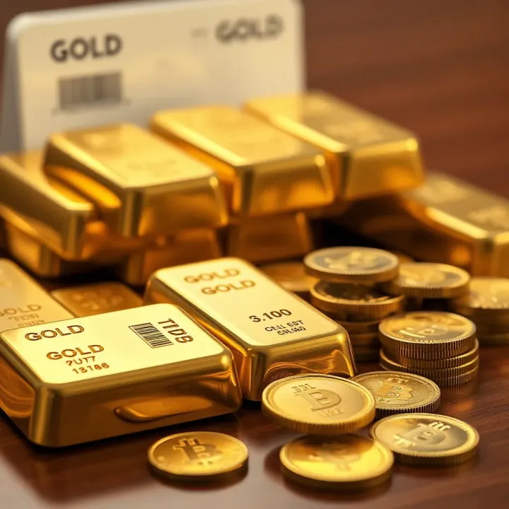 Gold Bars and Coins Showcasing Authenticity and Value Display of gold bars and coins arranged on a polished wooden surface highlighting their purity and weight