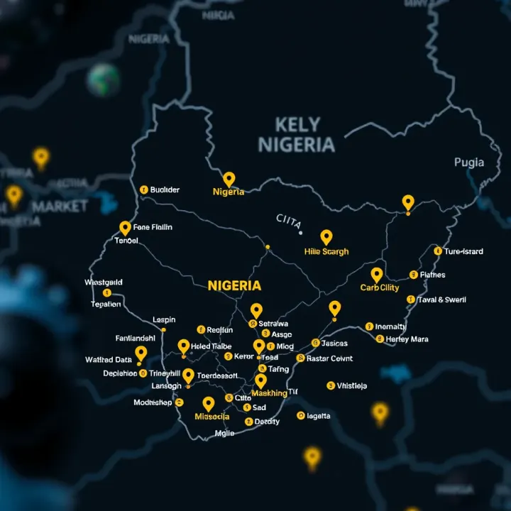 Map of Nigeria highlighting major cities known for gold trading with icons indicating trusted market locations