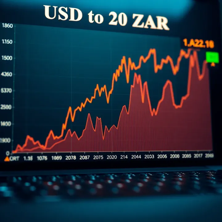 Graph showing fluctuations in the US dollar to South African rand exchange rate over time with economic events highlighted