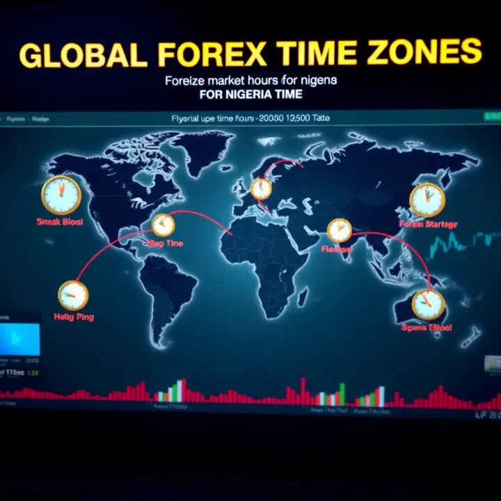 World map highlighting major forex market time zones with clock icons