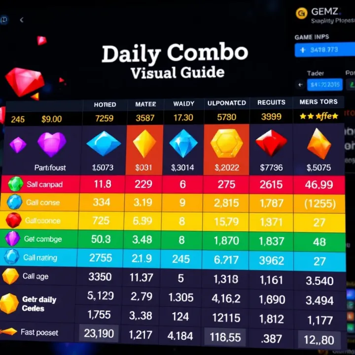 Visual Guide to Gemz Daily Combo Selections and Statistics A colorful chart showing various Gemz Daily Combo options with highlighted numbers and statistics