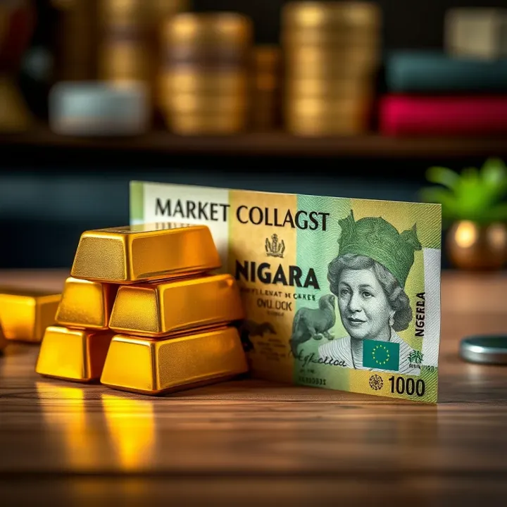 Gold Investment and Market Value in Nigeria Gold bars stacked next to a Nigerian naira currency note on a wooden surface symbolizing investment and market value